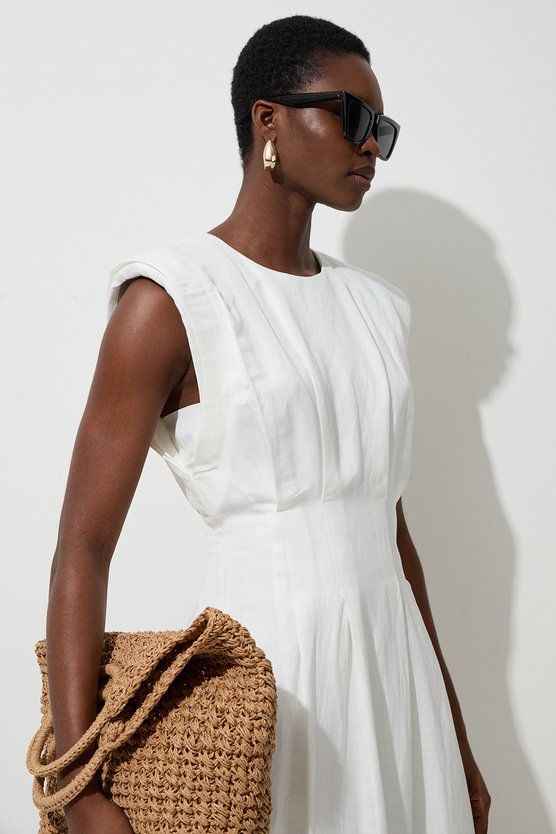 karen millen Tall Viscose Linen Woven Pintuck Midi Dress white