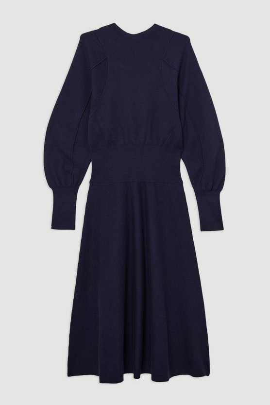 Karen Millen Tall Wool Look Rounded Sleeve Knit Midi Dress Navy