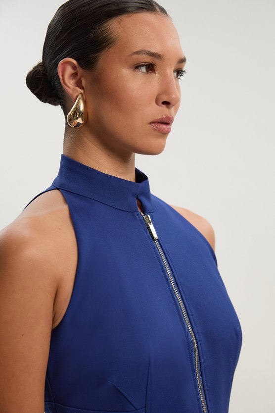 Karen Millen Techno Cotton Halter Neck Zip Detail Woven Midi Dress Cobalt