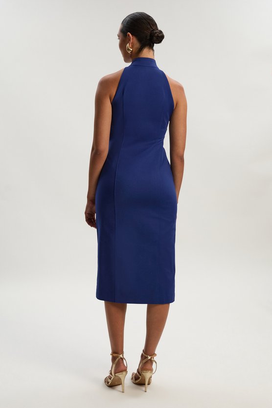 Karen Millen Techno Cotton Halter Neck Zip Detail Woven Midi Dress Cobalt