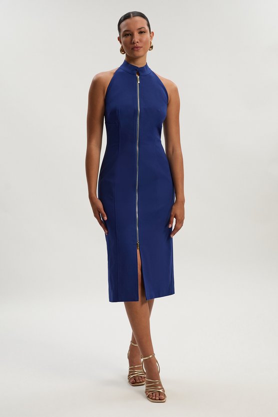 karen millen Techno Cotton Halter Neck Zip Detail Woven Midi Dress cobalt