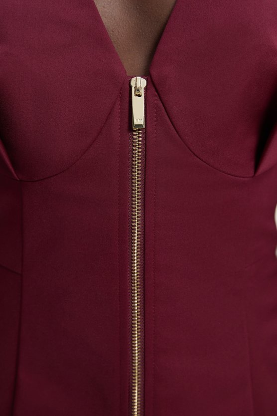 Karen Millen Techno Cotton Short Sleeve Zip Detail Woven Mini Dress Burgundy