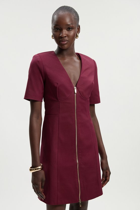 karen millen Techno Cotton Short Sleeve Zip Detail Woven Mini Dress burgundy karen millen Techno Cotton Short Sleeve Zip Detail Woven Mini Dress burgundy