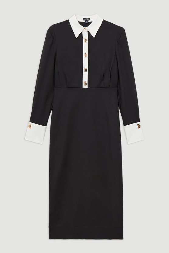 Karen Millen Techno Cotton Woven Maxi Dress With Contrast Placket Mono