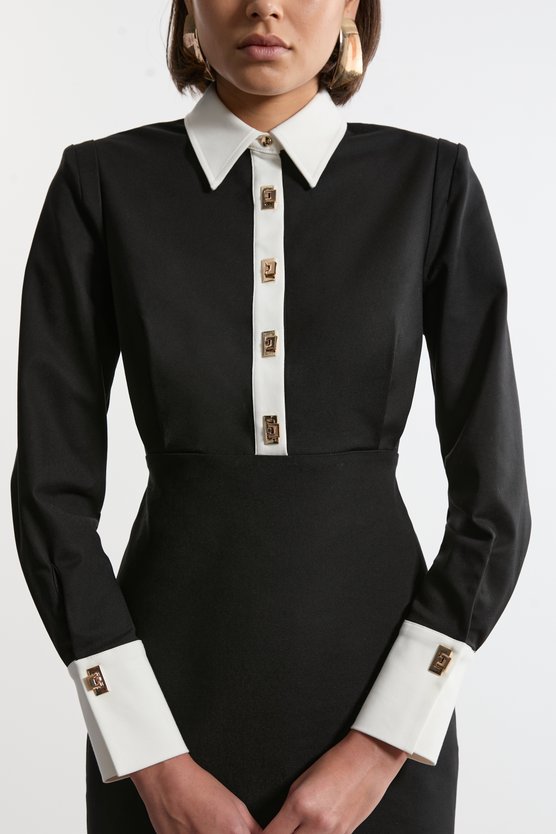 Karen Millen Techno Cotton Woven Maxi Shirt Dress With Gold Clasps Mono