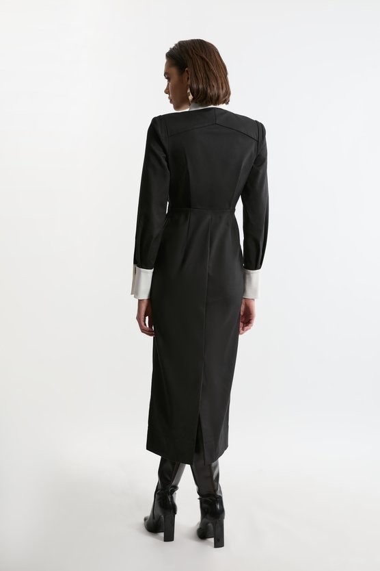 Karen Millen Techno Cotton Woven Maxi Shirt Dress With Gold Clasps Mono