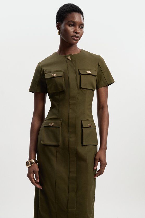 Karen Millen Techno Short Sleeve Hardware Detail Woven Midi Dress Khaki
