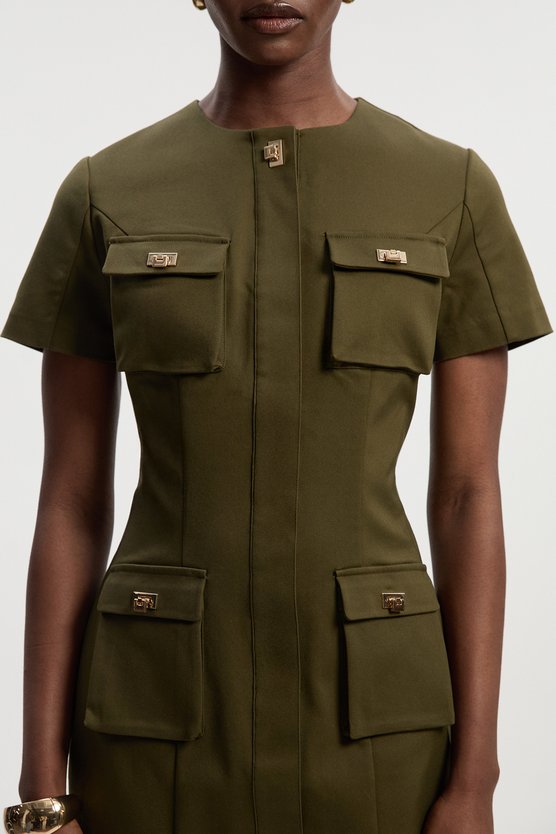 Karen Millen Techno Short Sleeve Hardware Detail Woven Midi Dress Khaki