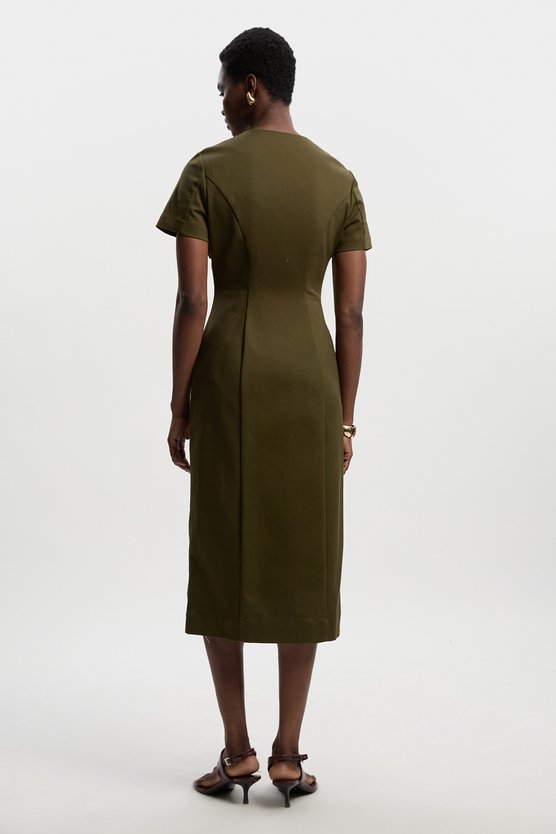 Karen Millen Techno Short Sleeve Hardware Detail Woven Midi Dress Khaki