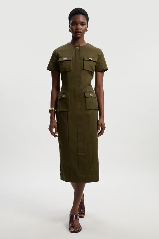 karen millen Techno Short Sleeve Hardware Detail Woven Midi Dress khaki karen millen Techno Short Sleeve Hardware Detail Woven Midi Dress khaki