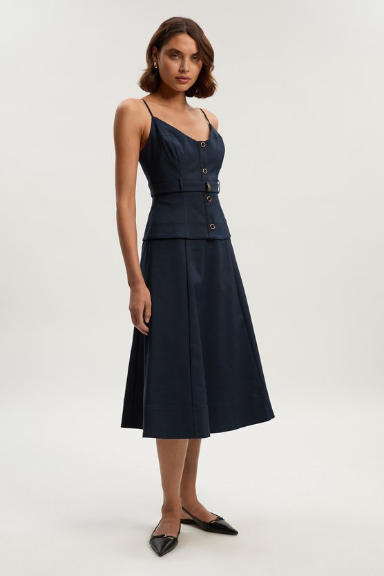 Karen Millen Techno Strappy Belted Hardware Detail Woven Midi Dress Navy