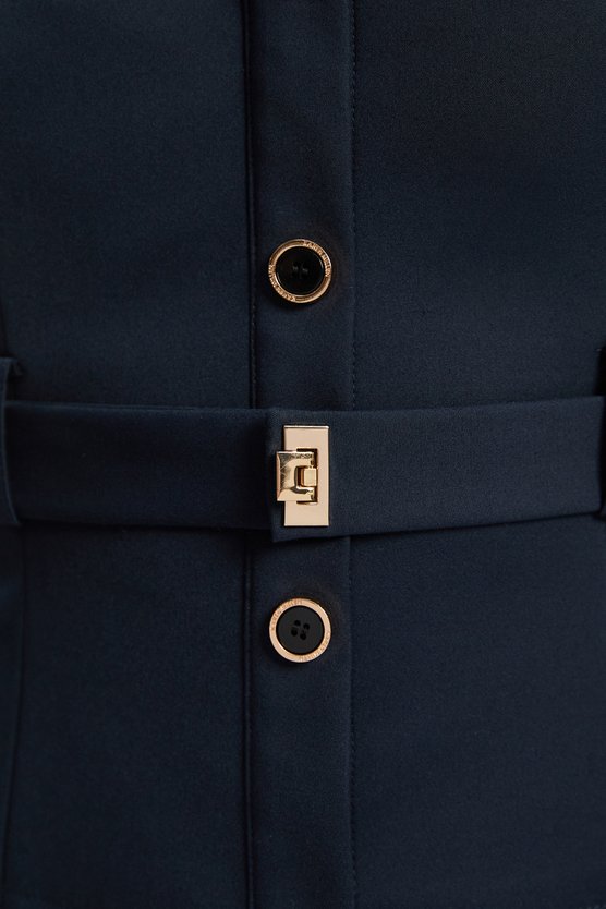 Karen Millen Techno Strappy Belted Hardware Detail Woven Midi Dress Navy