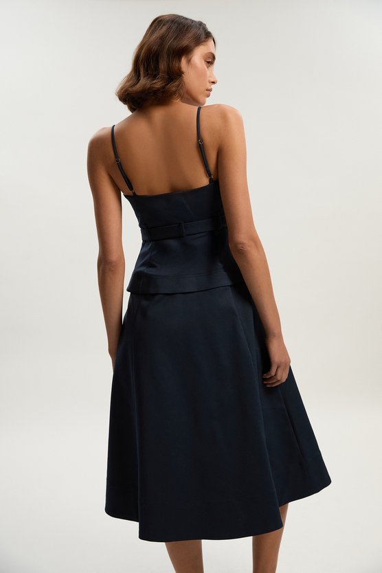 Karen Millen Techno Strappy Belted Hardware Detail Woven Midi Dress Navy