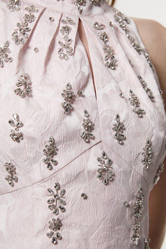 Karen Millen Texture Jacquard Crystal Embellished High Neck Woven Mini Dress Pink