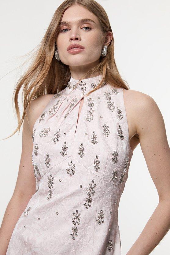 karen millen Texture Jacquard Crystal Embellished High Neck Woven Mini Dress pink
