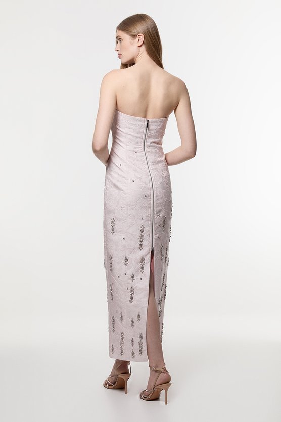 Karen Millen Texture Jacquard Crystal Embellished Strapless Mini Dress Pink