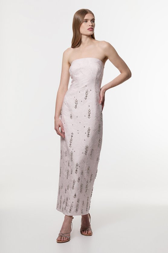 karen millen Texture Jacquard Crystal Embellished Strapless Mini Dress pink
