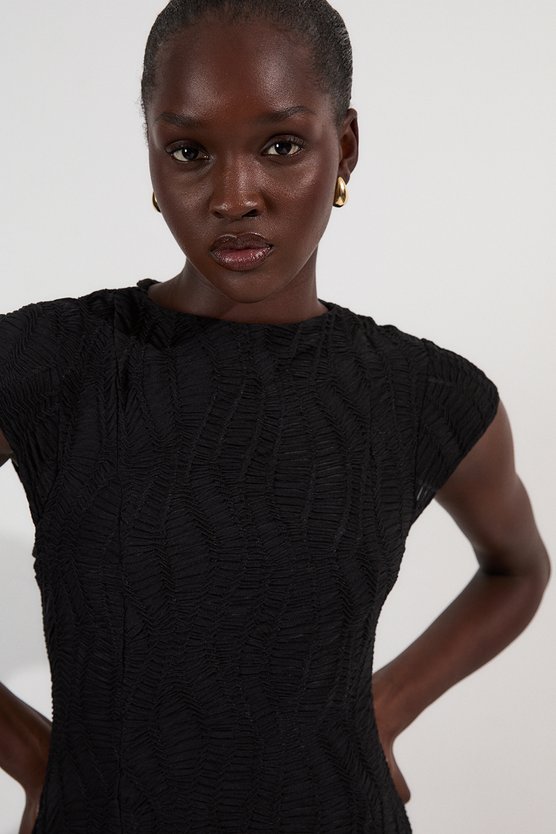 Karen Millen Textured Hanky Hem Short Sleeve Trim Detail Jersey Maxi Dress Black