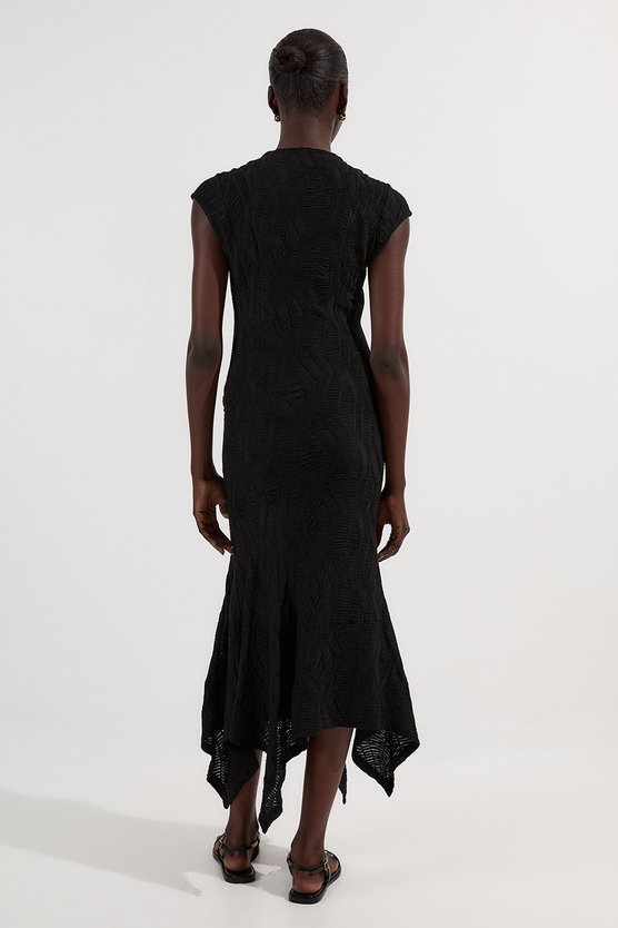 Karen Millen Textured Hanky Hem Short Sleeve Trim Detail Jersey Maxi Dress Black
