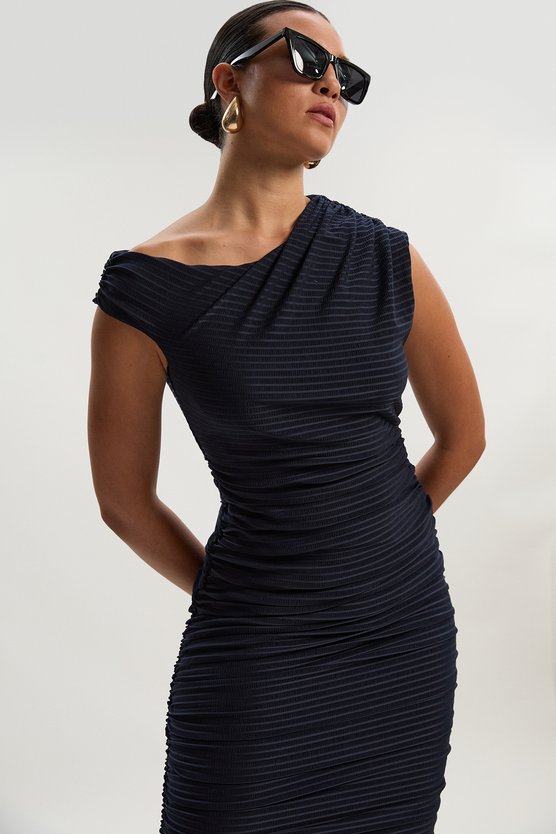 Karen Millen Textured Ruched Jersey Midi Dress Navy