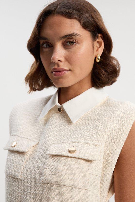 Karen Millen Textured Tweed Contrast Collar Pleated Tailored Mini Dress Cream