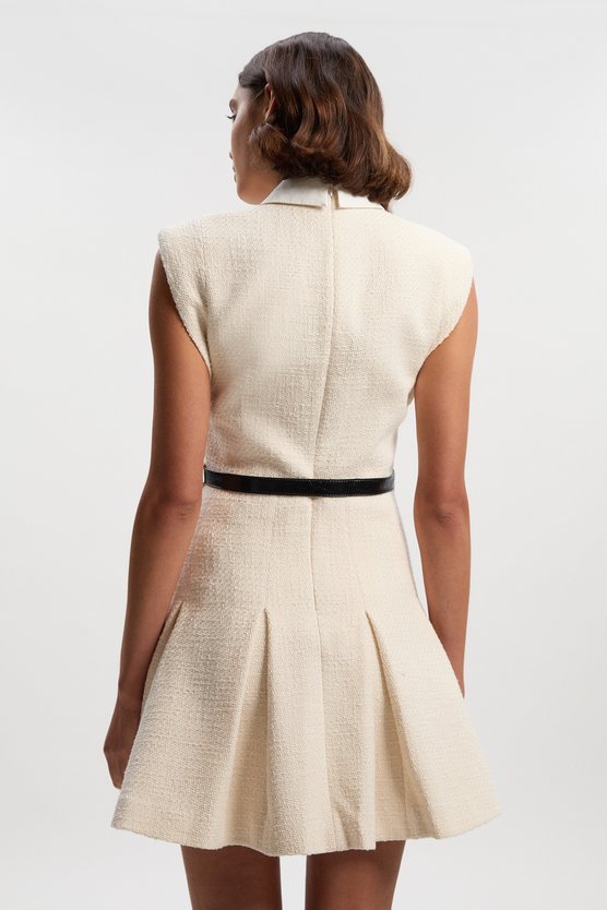 Karen Millen Textured Tweed Contrast Collar Pleated Tailored Mini Dress Cream