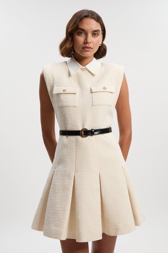 karen millen Textured Tweed Contrast Collar Pleated Tailored Mini Dress cream