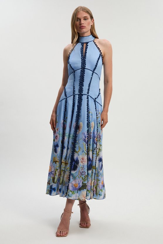 Karen Millen Trailing Floral Woven Halter Neck Maxi Dress Blue