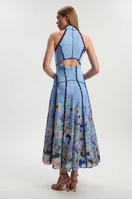 Karen Millen Trailing Floral Woven Halter Neck Maxi Dress Blue