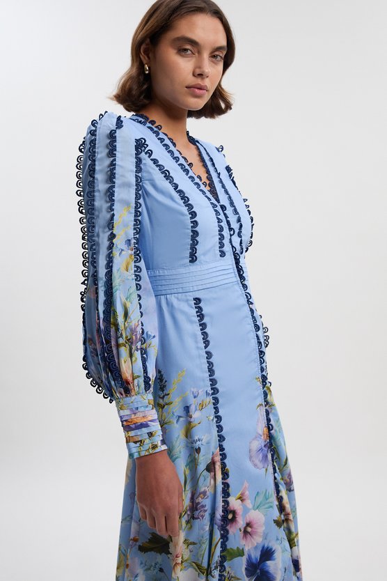 Karen Millen Trailing Floral Woven Plunge Maxi Dress Blue