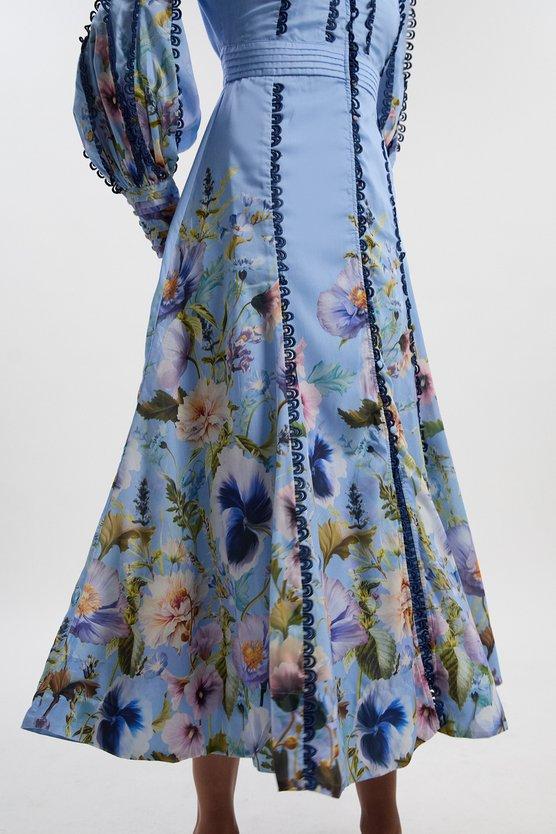 Karen Millen Trailing Floral Woven Plunge Maxi Dress Blue