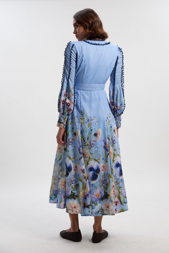 Karen Millen Trailing Floral Woven Plunge Maxi Dress Blue