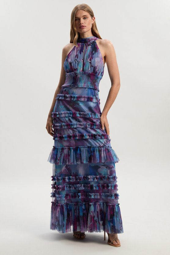 Karen Millen Tulle Layered Halter Neck Maxi Dress Floral