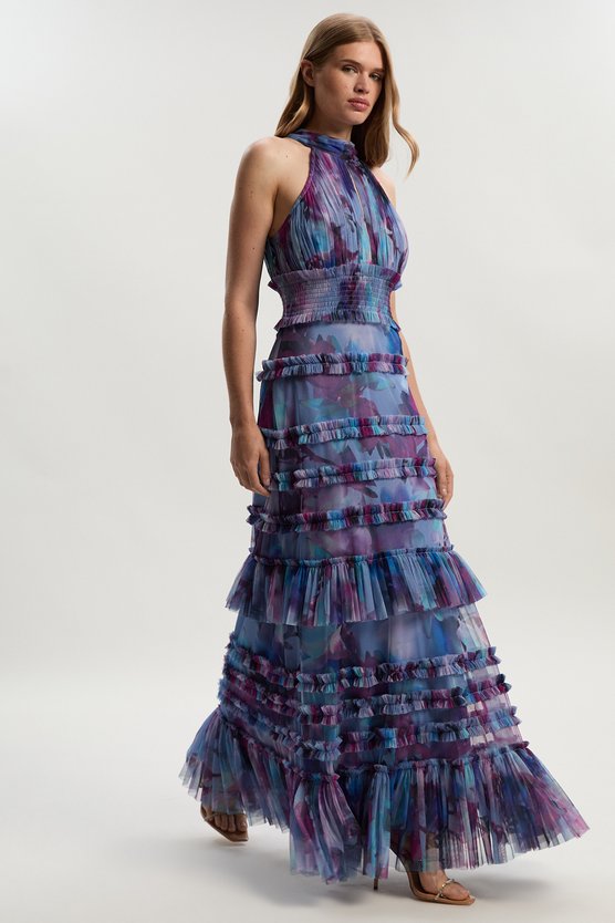 karen millen Tulle Layered Halter Neck Maxi Dress floral