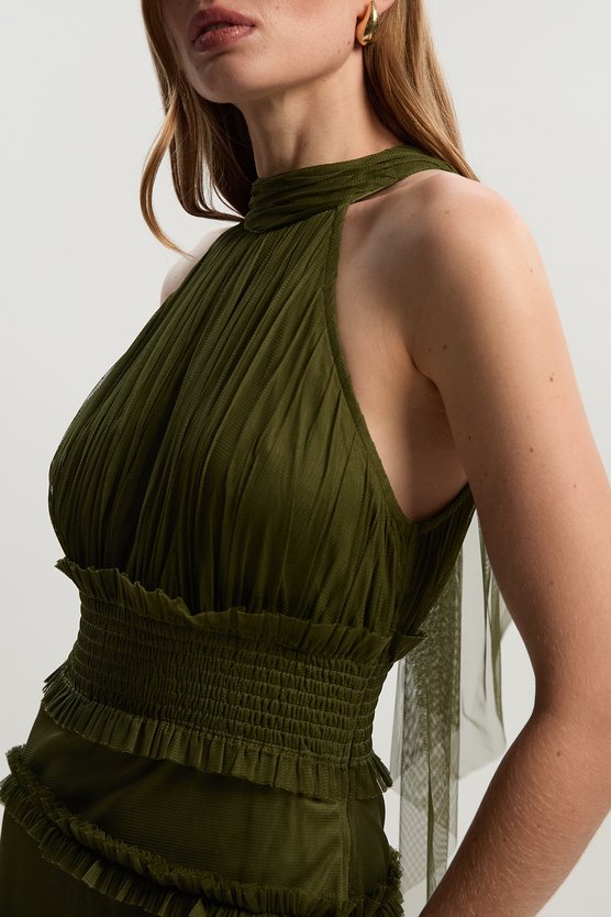 Karen Millen Tulle Layered Halter Neck Maxi Dress Khaki