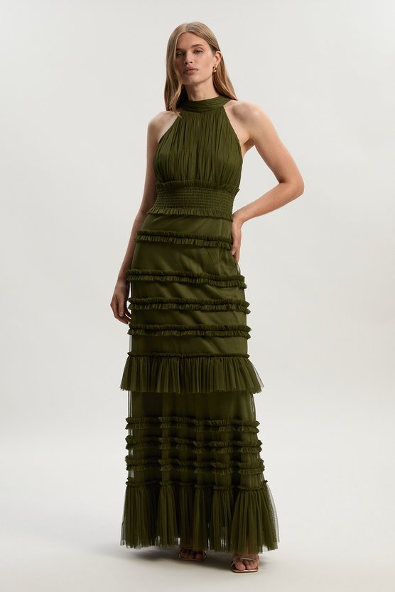 Karen Millen Tulle Layered Halter Neck Maxi Dress Khaki