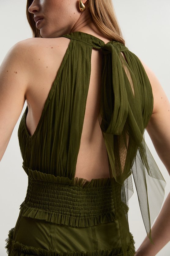 Karen Millen Tulle Layered Halter Neck Maxi Dress Khaki