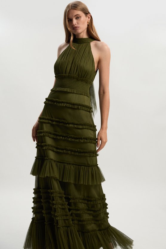 karen millen Tulle Layered Halter Neck Maxi Dress khaki