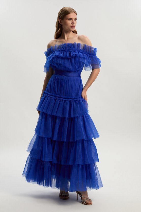 Karen Millen Tulle Layered Off The Shoulder Maxi Dress Cobalt