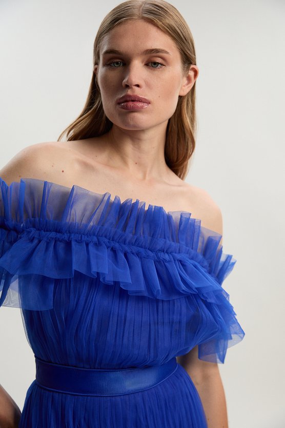 Karen Millen Tulle Layered Off The Shoulder Maxi Dress Cobalt