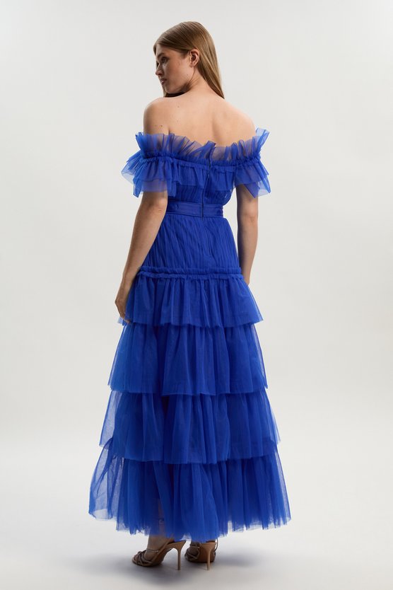 Karen Millen Tulle Layered Off The Shoulder Maxi Dress Cobalt