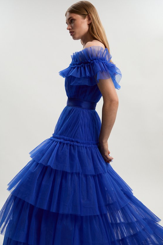 karen millen Tulle Layered Off the Shoulder Maxi Dress cobalt