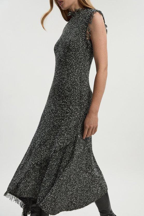 Karen Millen Tweed Yarn Fringe Trim Knitted Dress Black