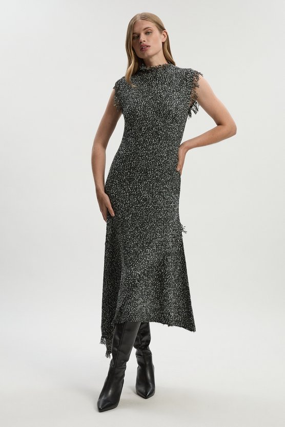 Karen Millen Tweed Yarn Fringe Trim Knitted Dress Black
