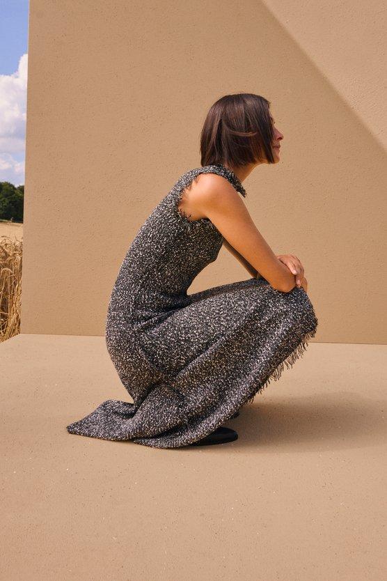 karen millen Tweed Yarn Fringe Trim Knitted Dress black