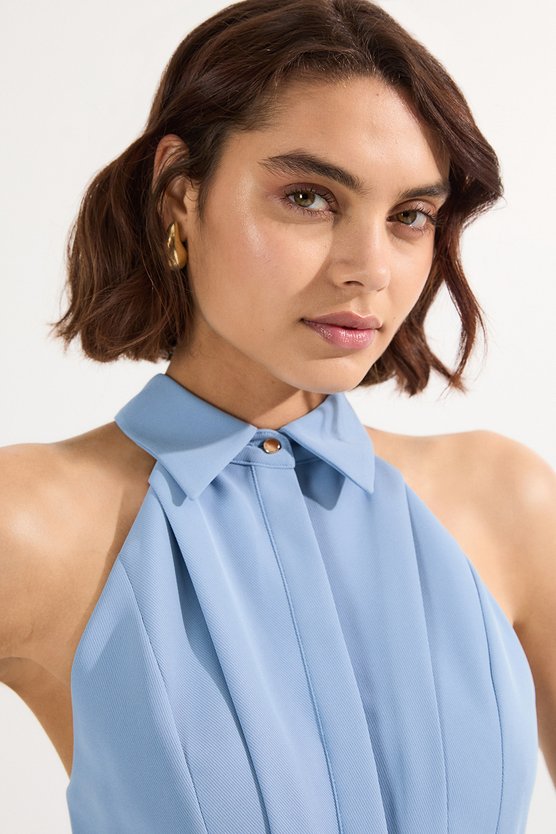 Karen Millen Twill Contrast Collar Woven Halter Neck Midi Dress Blue