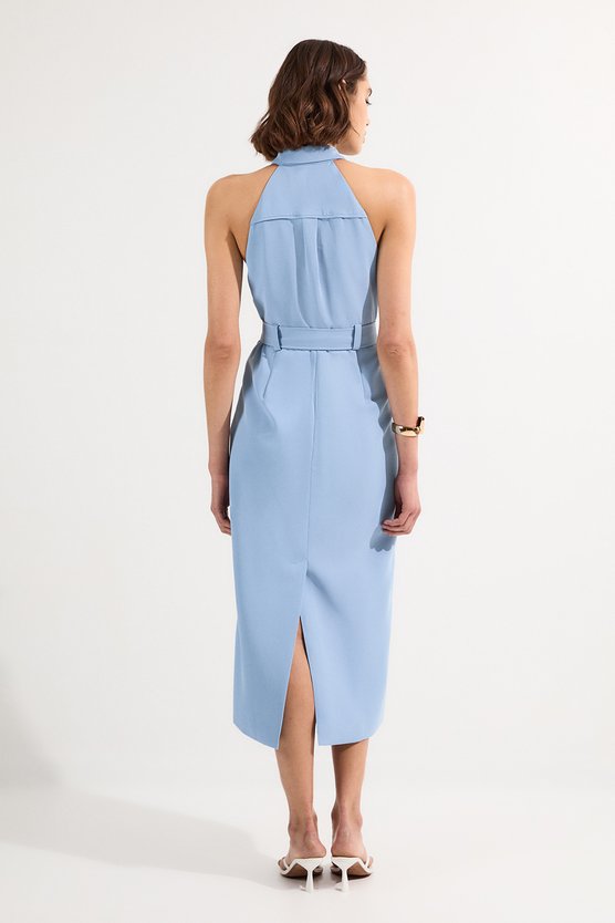 Karen Millen Twill Contrast Collar Woven Halter Neck Midi Dress Blue