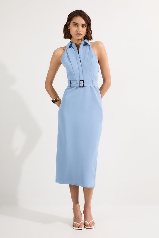 karen millen Twill Contrast Collar Woven Halter Neck Midi Dress blue