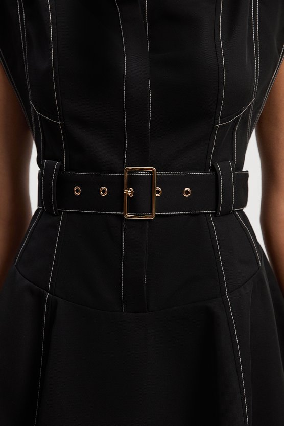 Karen Millen Twill Contrast Hardware High Neck Woven Mini Dress Black