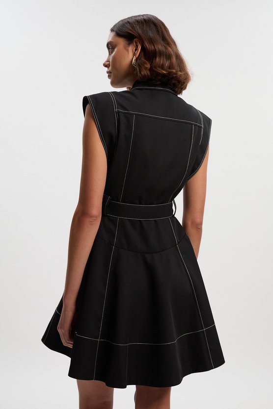 Karen Millen Twill Contrast Hardware High Neck Woven Mini Dress Black